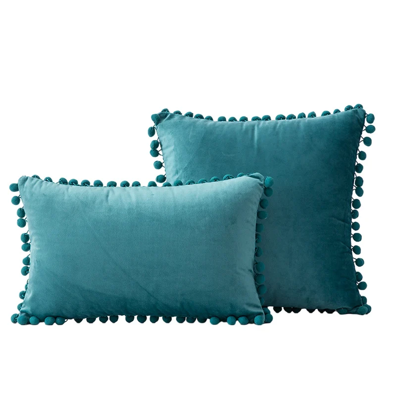 Velvet Pom-Pom Fringe Square and Lumbar Decorative Throw Pillow Set