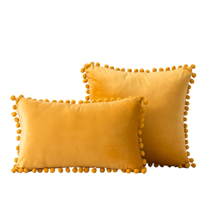 Velvet Pom-Pom Fringe Square and Lumbar Decorative Throw Pillow Set
