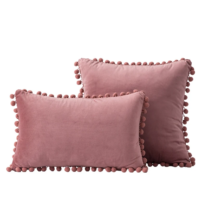 Velvet Pom-Pom Fringe Square and Lumbar Decorative Throw Pillow Set