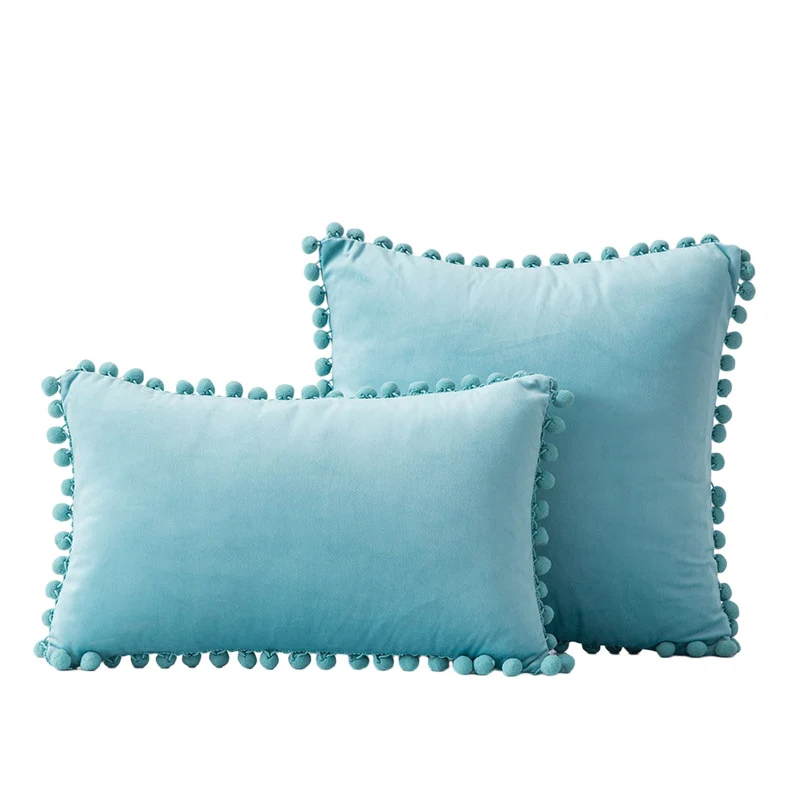 Velvet Pom-Pom Fringe Square and Lumbar Decorative Throw Pillow Set