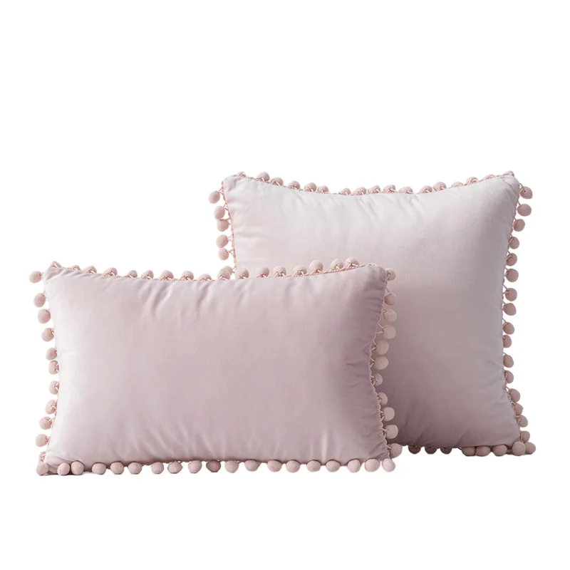 Velvet Pom-Pom Fringe Square and Lumbar Decorative Throw Pillow Set