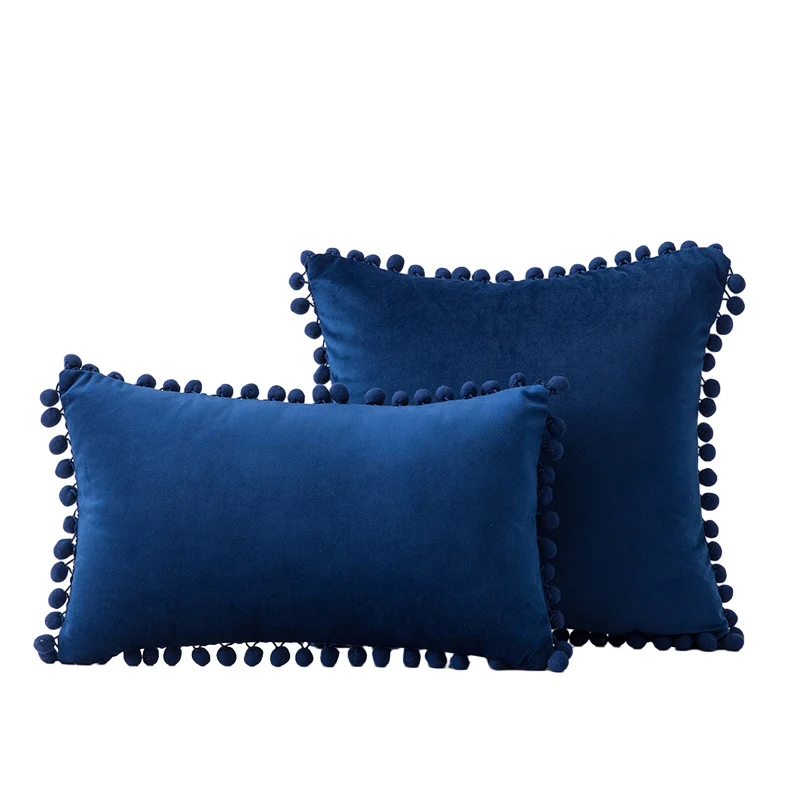 Velvet Pom-Pom Fringe Square and Lumbar Decorative Throw Pillow Set