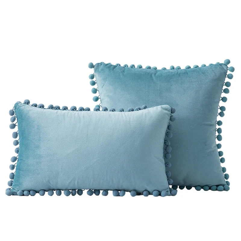 Velvet Pom-Pom Fringe Square and Lumbar Decorative Throw Pillow Set