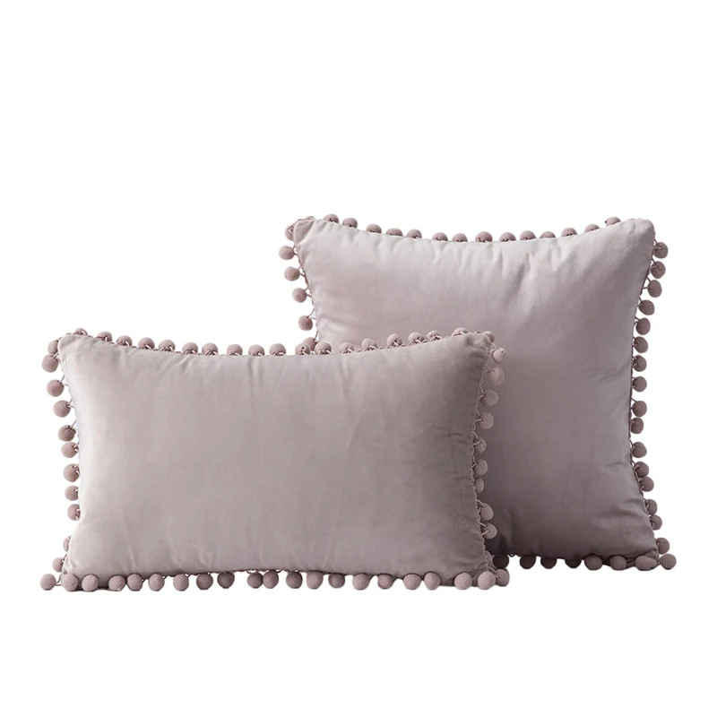 Velvet Pom-Pom Fringe Square and Lumbar Decorative Throw Pillow Set
