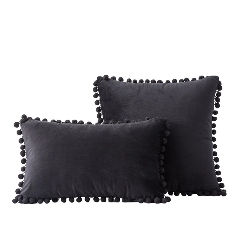 Velvet Pom-Pom Fringe Square and Lumbar Decorative Throw Pillow Set