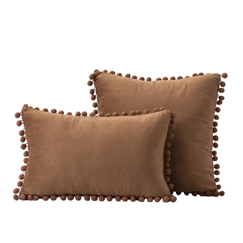 Velvet Pom-Pom Fringe Square and Lumbar Decorative Throw Pillow Set