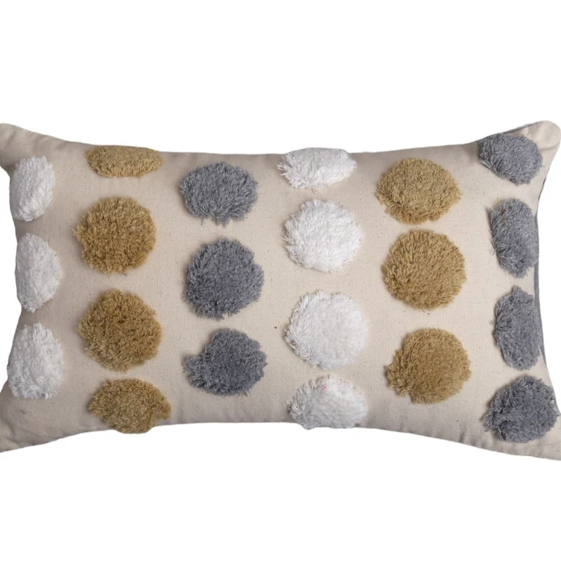 Tufted Polka Dot Textured Cotton Throw Pillow Cover with Pom-Pom Accents and Hidden Zipper