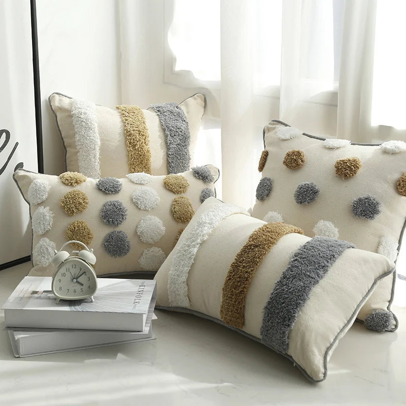 Tufted Polka Dot Textured Cotton Throw Pillow Cover with Pom-Pom Accents and Hidden Zipper