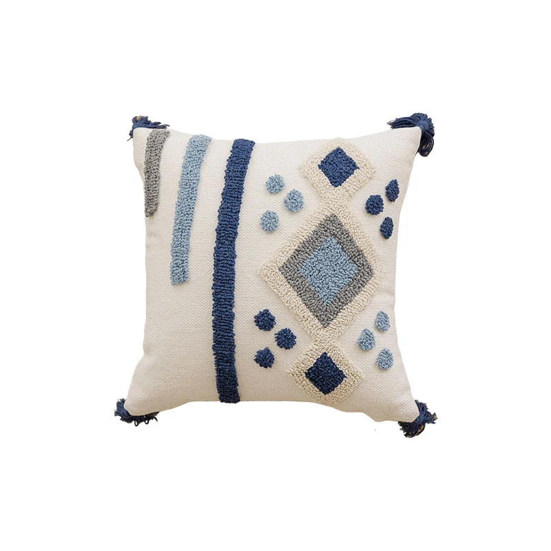 Tufted Dot Pattern Cotton Throw Pillow with Tassel Corners and Removable Zip Cover