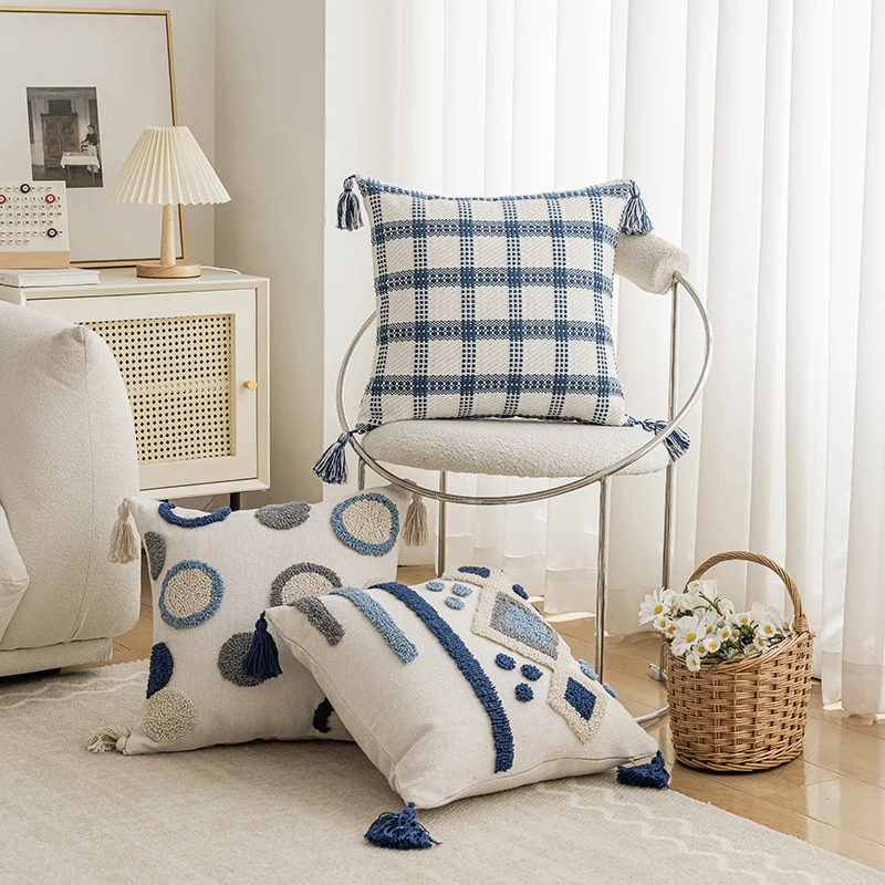 Tufted Dot Pattern Cotton Throw Pillow with Tassel Corners and Removable Zip Cover