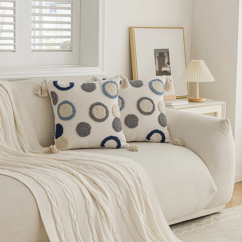 Tufted Dot Pattern Cotton Throw Pillow with Tassel Corners and Removable Zip Cover