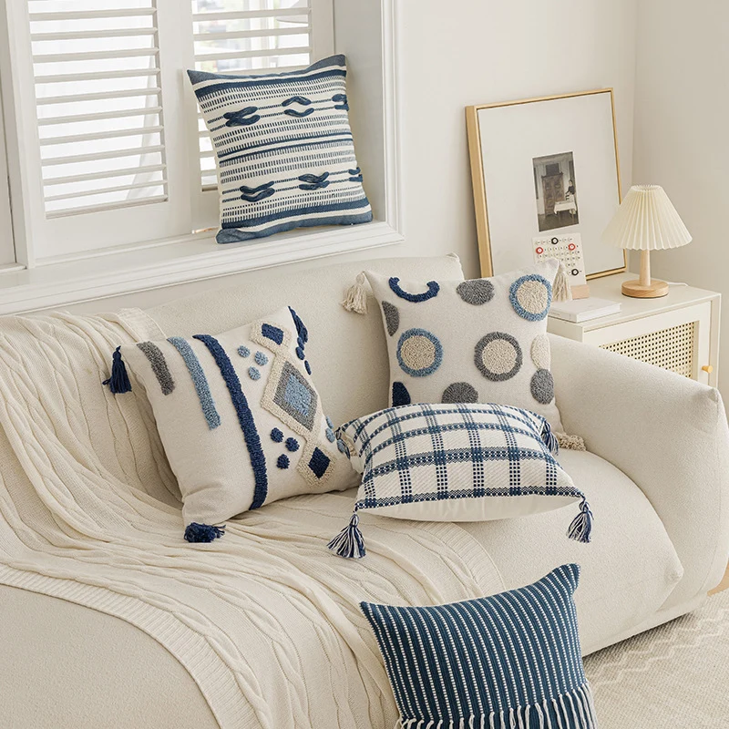 Tufted Dot Pattern Cotton Throw Pillow with Tassel Corners and Removable Zip Cover