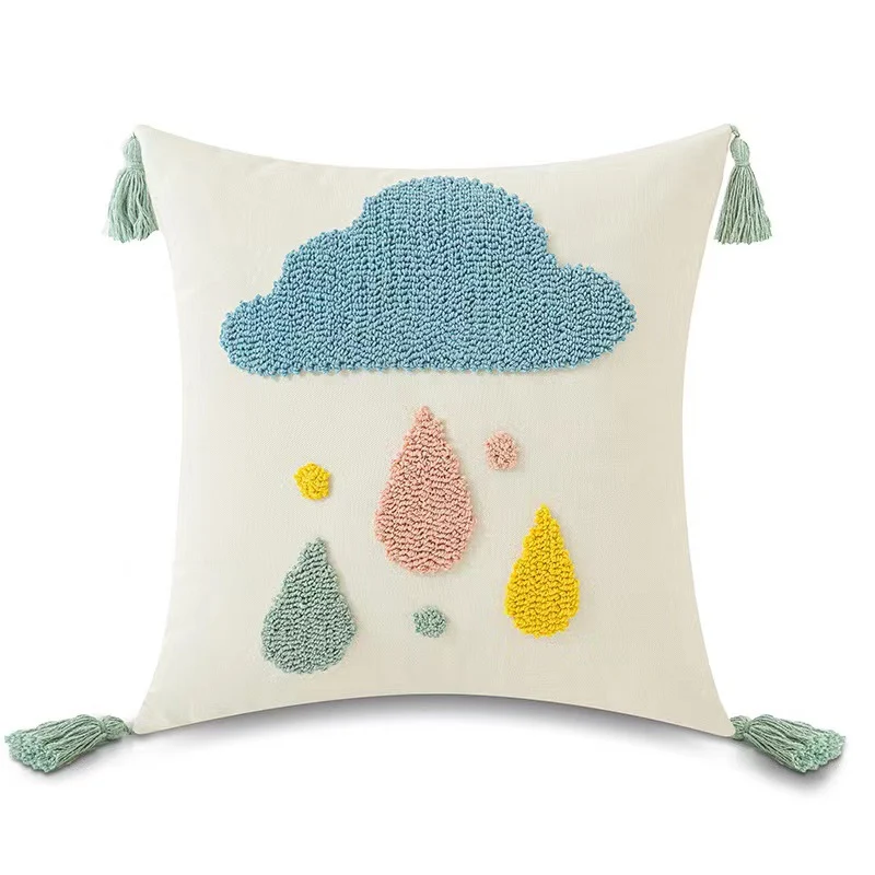 Tufted Cloud and Raindrop Tassel Throw Pillow Cover