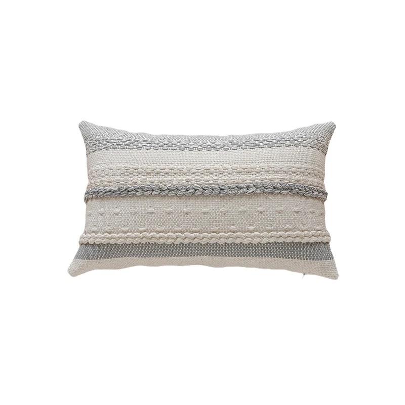 Textured Woven Cotton Lumbar Pillow Cover with Braided Trim and Hidden Zipper