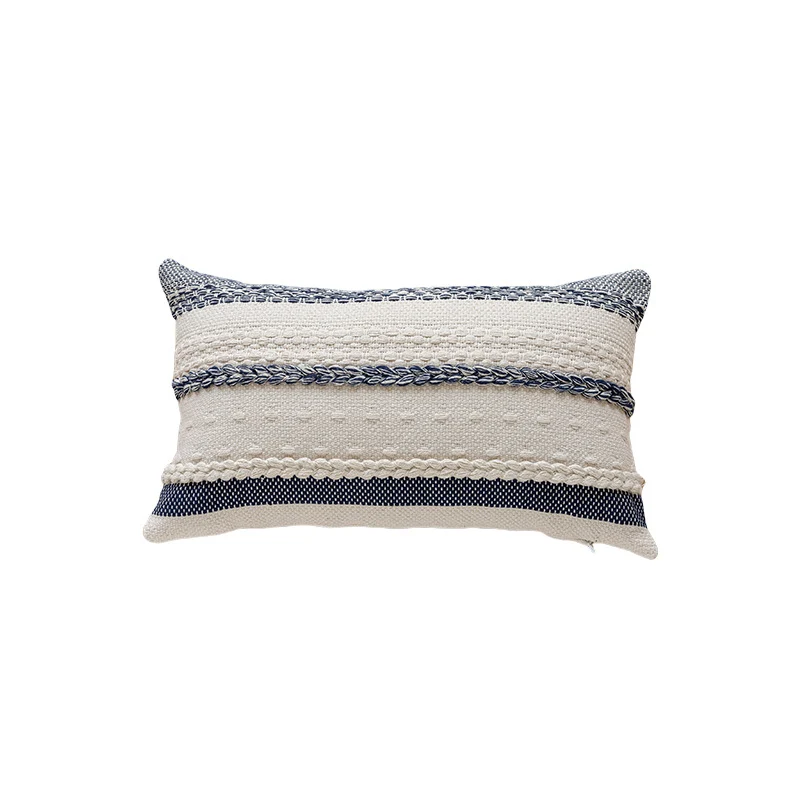 Textured Woven Cotton Lumbar Pillow Cover with Braided Trim and Hidden Zipper