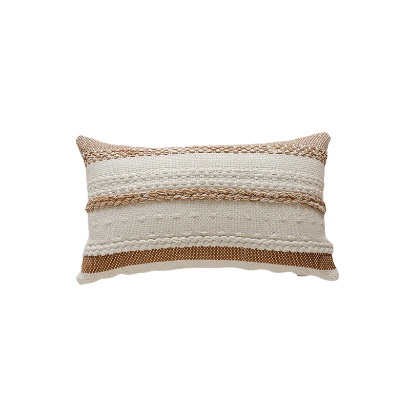 Textured Woven Cotton Lumbar Pillow Cover with Braided Trim and Hidden Zipper