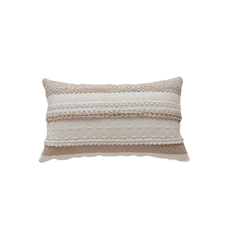 Textured Woven Cotton Lumbar Pillow Cover with Braided Trim and Hidden Zipper