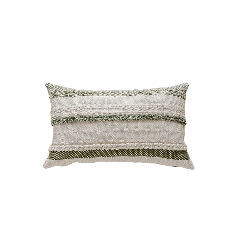 Textured Woven Cotton Lumbar Pillow Cover with Braided Trim and Hidden Zipper