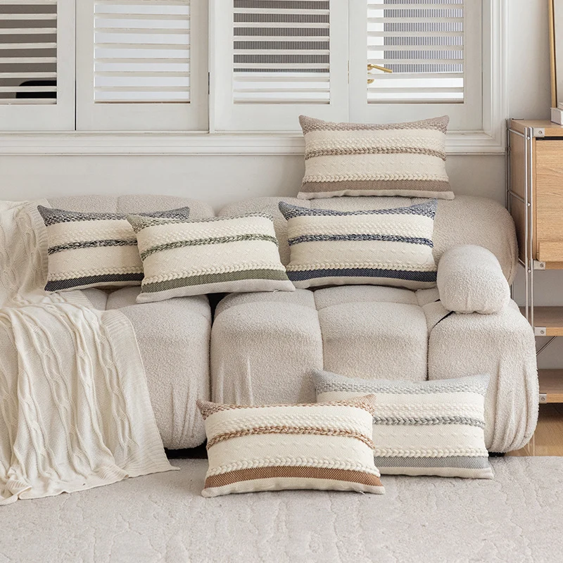 Textured Woven Cotton Lumbar Pillow Cover with Braided Trim and Hidden Zipper