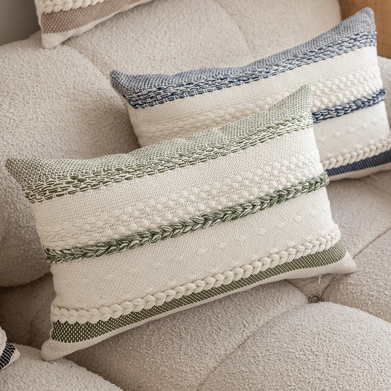 Textured Woven Cotton Lumbar Pillow Cover with Braided Trim and Hidden Zipper