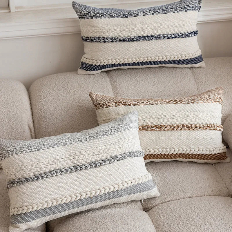 Textured Woven Cotton Lumbar Pillow Cover with Braided Trim and Hidden Zipper