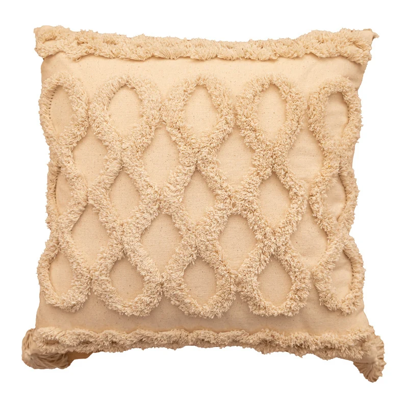 Textured Tufted Boho Shag Accent Throw Pillow with Tasseled Corners and Removable Cover