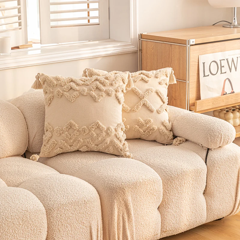 Textured Tufted Boho Shag Accent Throw Pillow with Tasseled Corners and Removable Cover