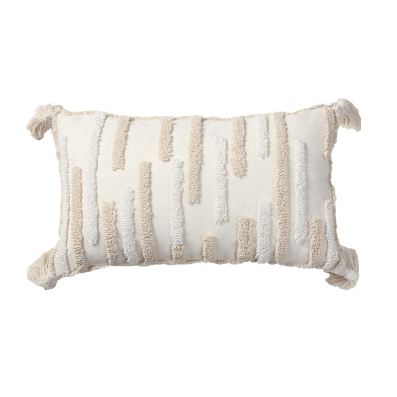 Textured Loop-Embroidered Square Throw Pillow with Corner Tassels and Removable Cover