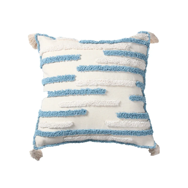 Textured Loop-Embroidered Square Throw Pillow with Corner Tassels and Removable Cover