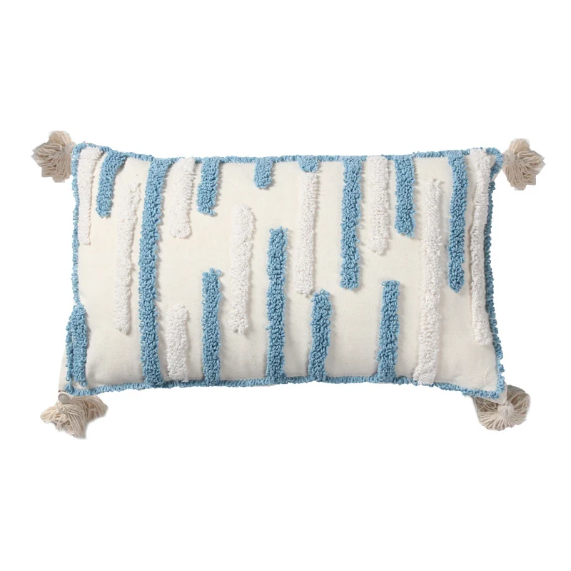 Textured Loop-Embroidered Square Throw Pillow with Corner Tassels and Removable Cover