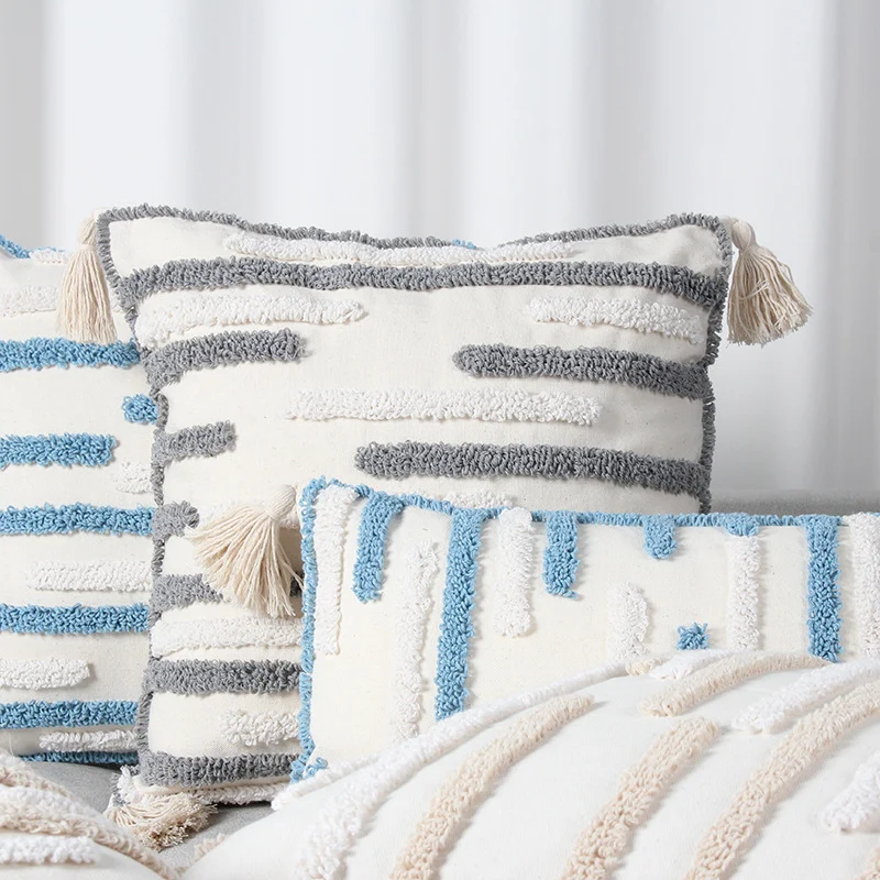 Textured Loop-Embroidered Square Throw Pillow with Corner Tassels and Removable Cover
