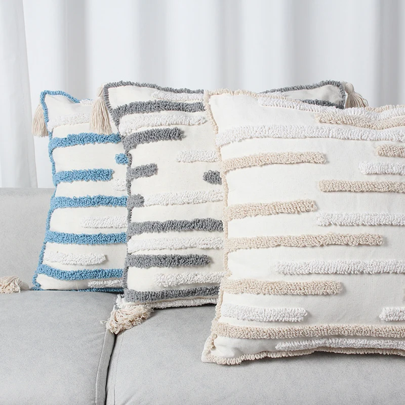 Textured Loop-Embroidered Square Throw Pillow with Corner Tassels and Removable Cover