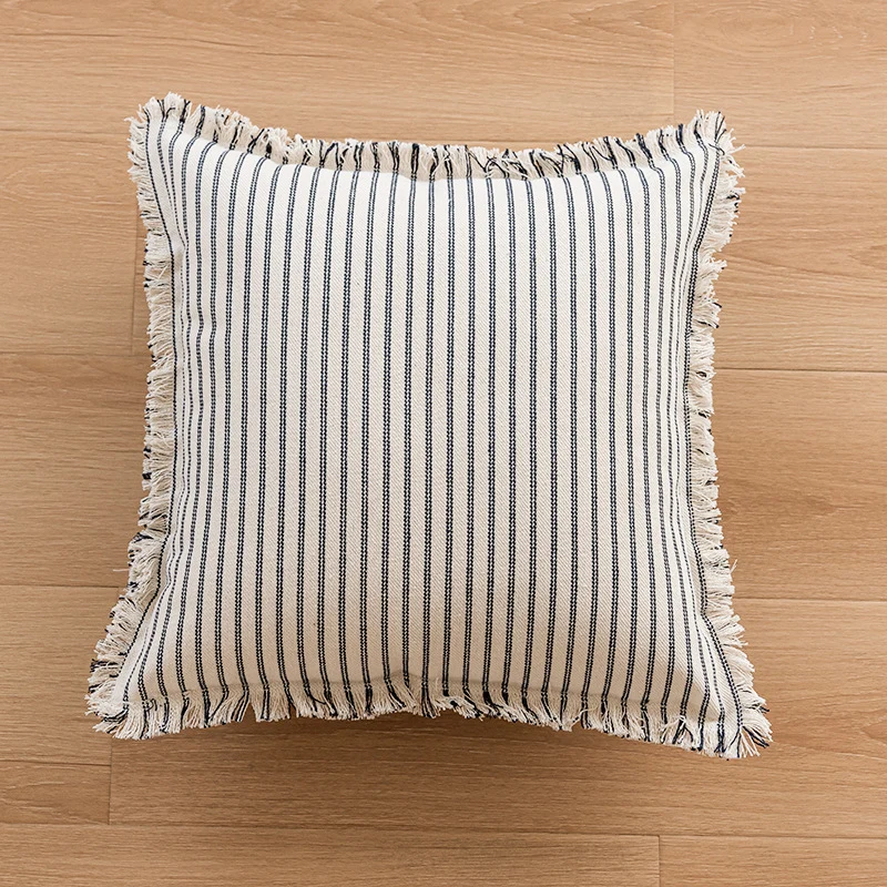 Striped Coastal-Inspired Cotton Square Pillow Cover with Fringed Edge and Concealed Zip