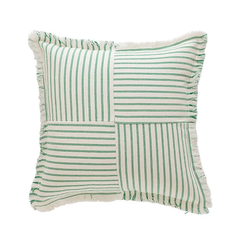Striped Coastal-Inspired Cotton Square Pillow Cover with Fringed Edge and Concealed Zip