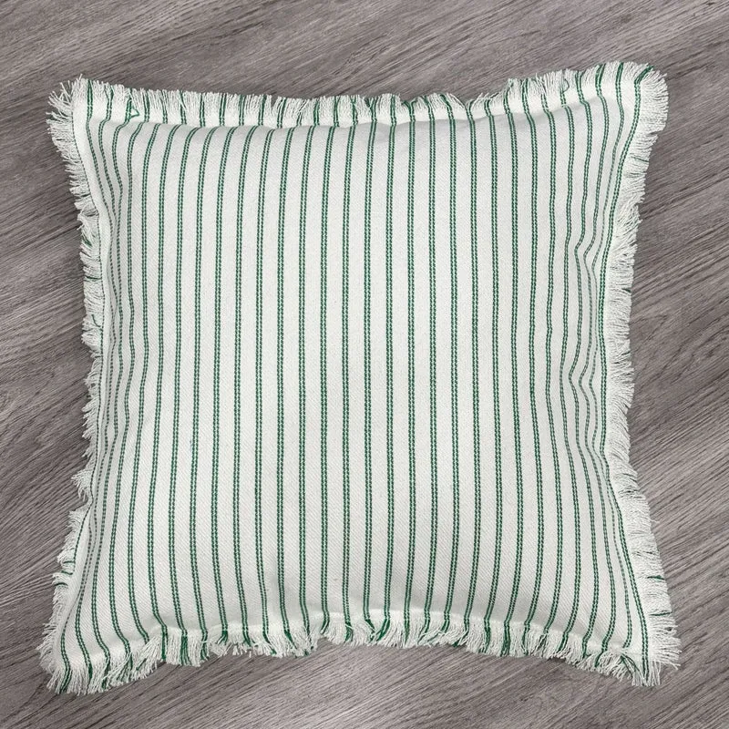 Striped Coastal-Inspired Cotton Square Pillow Cover with Fringed Edge and Concealed Zip