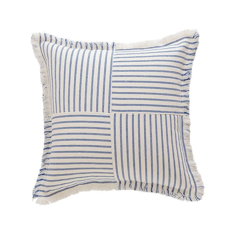 Striped Coastal-Inspired Cotton Square Pillow Cover with Fringed Edge and Concealed Zip