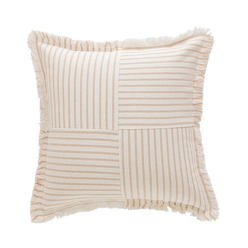Striped Coastal-Inspired Cotton Square Pillow Cover with Fringed Edge and Concealed Zip