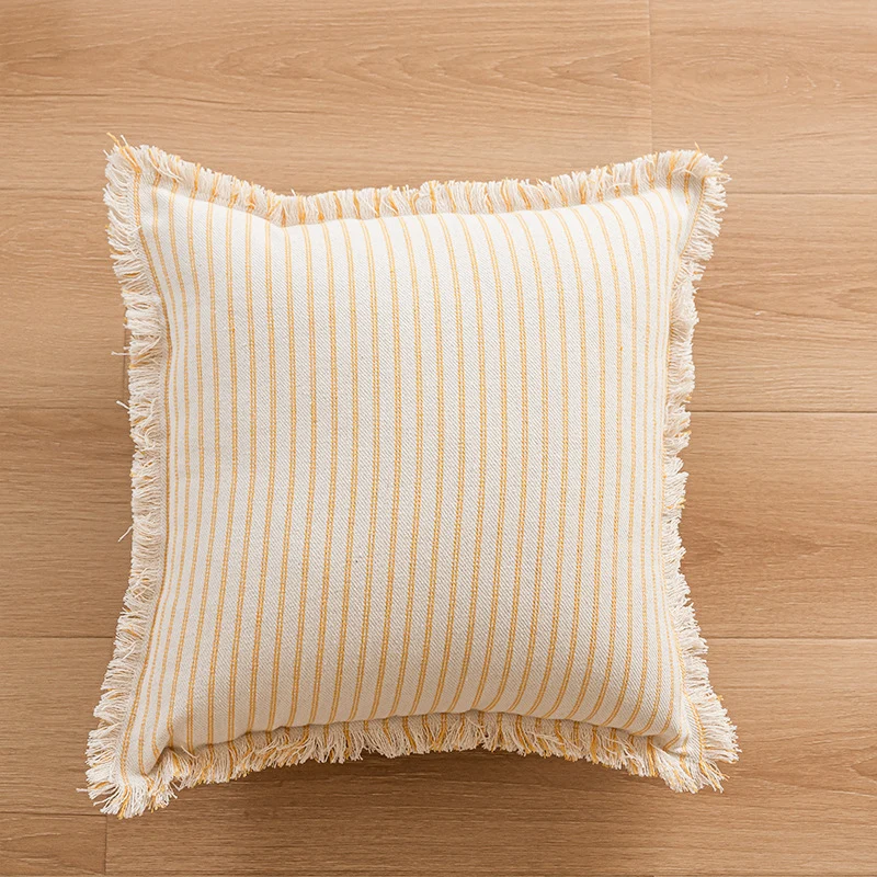 Striped Coastal-Inspired Cotton Square Pillow Cover with Fringed Edge and Concealed Zip