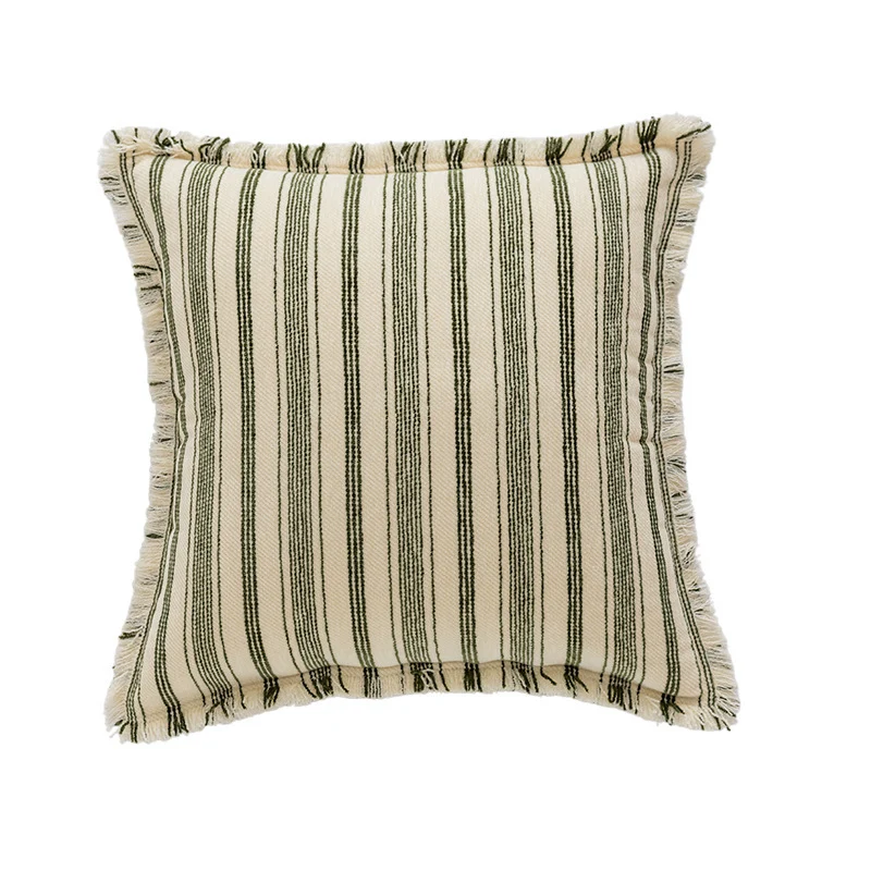 Striped Coastal-Inspired Cotton Square Pillow Cover with Fringed Edge and Concealed Zip