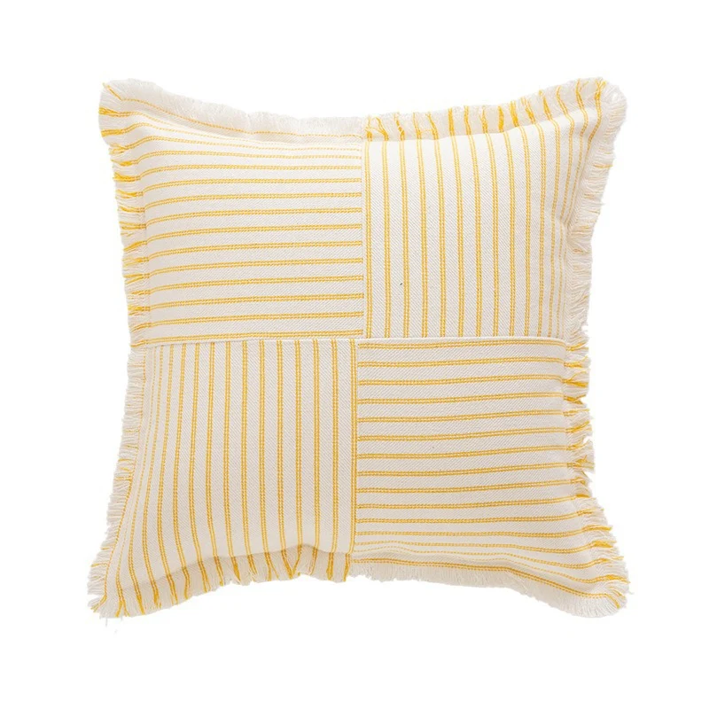 Striped Coastal-Inspired Cotton Square Pillow Cover with Fringed Edge and Concealed Zip
