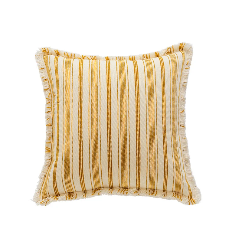 Striped Coastal-Inspired Cotton Square Pillow Cover with Fringed Edge and Concealed Zip