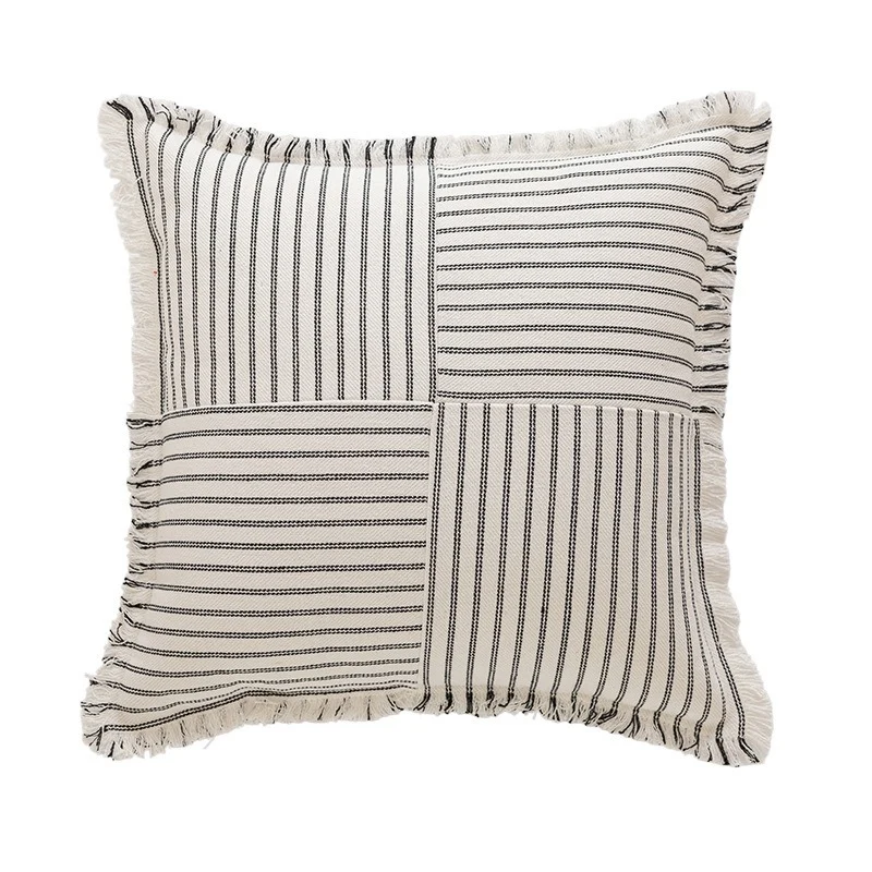 Striped Coastal-Inspired Cotton Square Pillow Cover with Fringed Edge and Concealed Zip