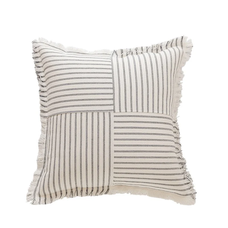 Striped Coastal-Inspired Cotton Square Pillow Cover with Fringed Edge and Concealed Zip