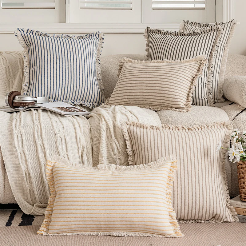 Striped Coastal-Inspired Cotton Square Pillow Cover with Fringed Edge and Concealed Zip