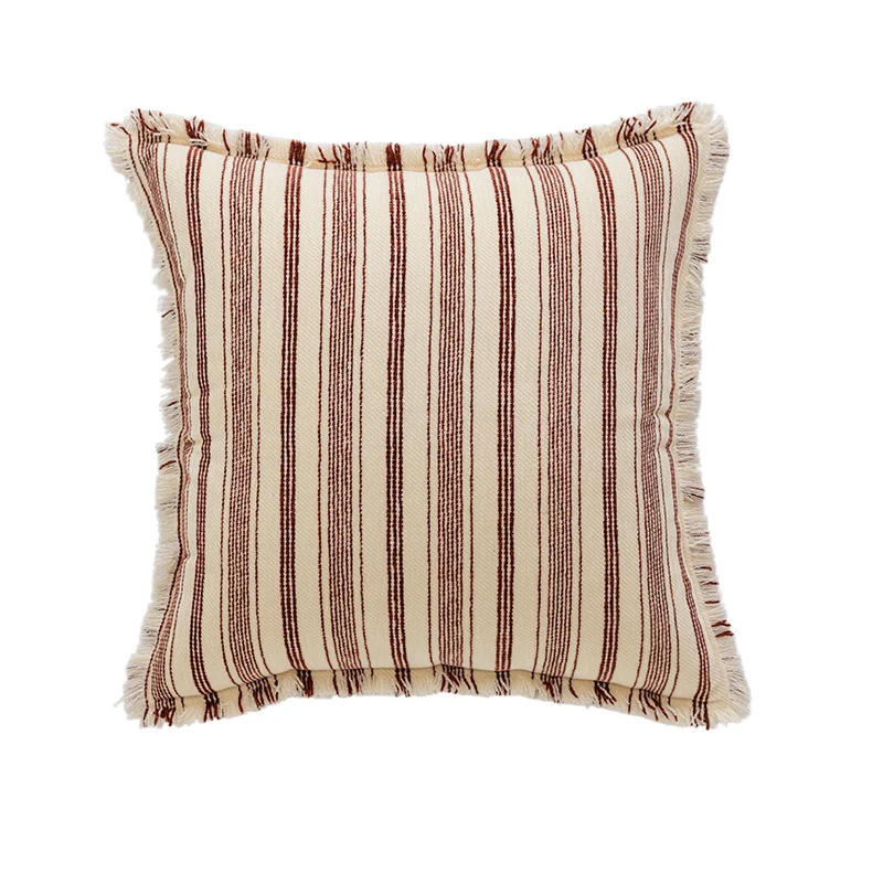 Square Woven Cotton Stripe Accent Pillow with Fringed Border and Removable Cover