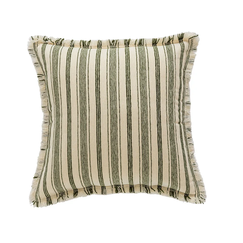 Square Woven Cotton Stripe Accent Pillow with Fringed Border and Removable Cover