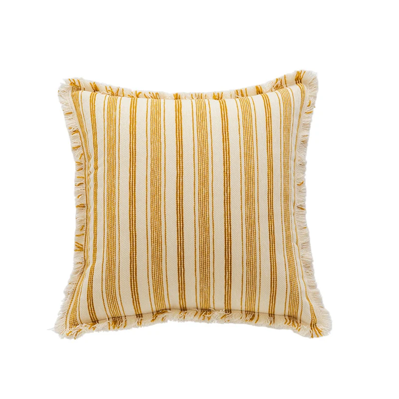 Square Woven Cotton Stripe Accent Pillow with Fringed Border and Removable Cover