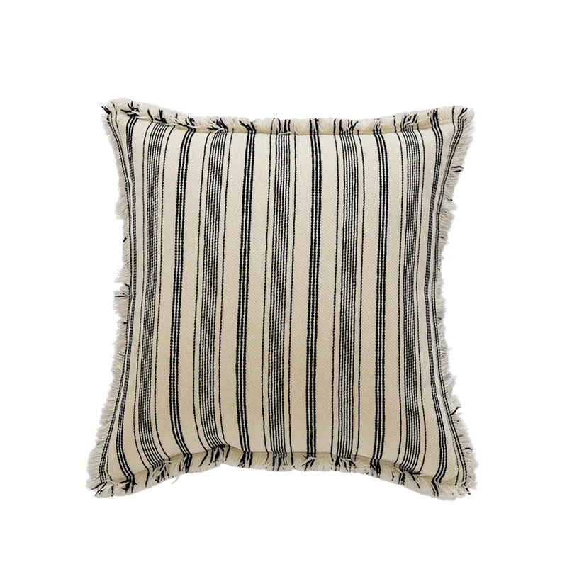 Square Woven Cotton Stripe Accent Pillow with Fringed Border and Removable Cover