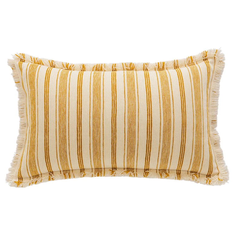 Square Woven Cotton Stripe Accent Pillow with Fringed Border and Removable Cover