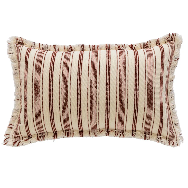 Square Woven Cotton Stripe Accent Pillow with Fringed Border and Removable Cover